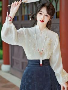 Elegant Long Sleeve Hanfu Style Embroidered Shirt with Button Detail Straight Cut Commute Vintage Chinese National Style
