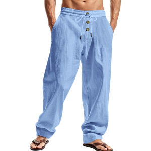Mens Casual Breathable Pants Summer Solid Color Elastic Waist Button Trousers Loose Fitness Lightweight Wide Leg Beach Pants