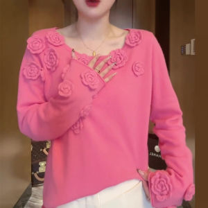 UYFY | Pink Round Neck Long Sleeve Knitted Sweater Womens Casual Style Floral Design Large Size Autumn New Fashion Knitwear