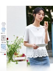 Vimly | Fashion Hollow Lace Design Summer T-Shirt Round Neck