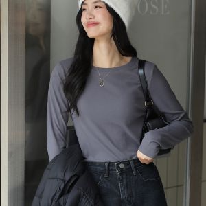 MiiOW | Áo thun nữ tay dài màu trơn MiiOW cổ tròn thường ngày mùa xuân thu áo lót ôm vừa vặn mặc ngoài trời màu xám
