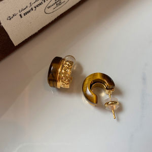 925 Sterling Silver Natural Tiger Eye Stone Hoops Earrings Womens Gold And Silver Colored Metal Rings High-End Sensation Ear Jewelry