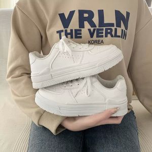 Casual Thick Bottom Sneakers Womens Spring 2025 New Style Versatile Sporty Student Shoes Cross Buckle Flat Heel Leather