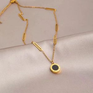 Kalung Titanium Gold Emas Bulat Angka Romawi Hitam Putih Anti Karat & Luntur