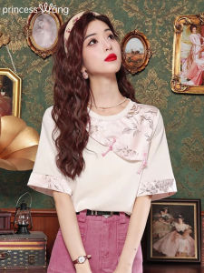 WANGGONGZHU | New Chinese Style Short Sleeve T-Shirt Women Summer Elegant Loose Top Floral Embroidery National Style Princess Commute Style