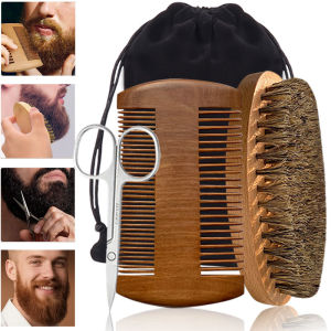 Mens beard grooming set convenient barber tools beard brush bristle material comb scissors convenient storage bag