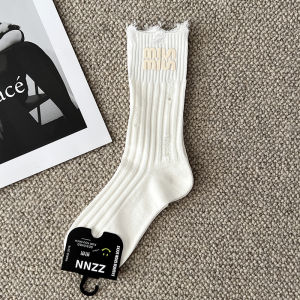 Miu Home Accessories Socks European Goods Accessible Luxury Three-Dimensional Ripped Letter-Printing Womens Socks Cotton Socks Double Needle Stripes