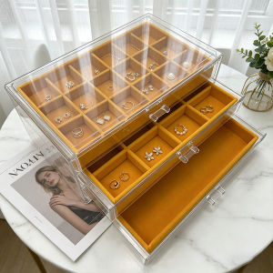 Yellow Three-Layer Jewelry Storage Box with Multiple Drawers and Transparent Compartments for Organizing Earrings Rings and Oth