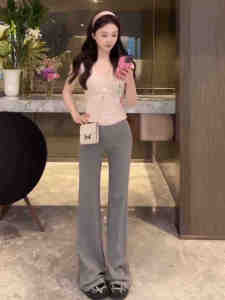 Gray Flared Casual Pants Womens High Waist Elastic Foldover Waist Slimming Spring Summer Korean Style Straight Leg Trousers