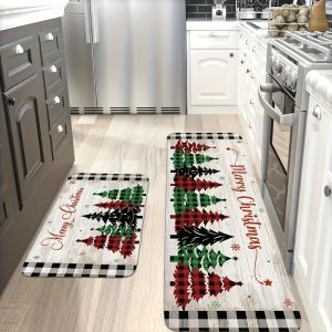 VIKAMA Christmas Kitchen Mat Vintage Christmas Tree Rug Wooden Board Rug Buffalo Plaid Rug Christmas Holiday Atmosphere Deco