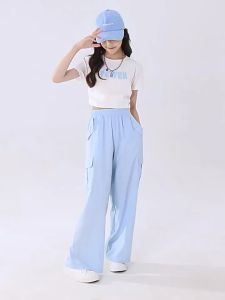 Summer Cargo Pants For Kids Girls Casual Loose Pants Cool Ice Silk Fabric Jogging Trousers Wide Leg Pants 7-16Yrs