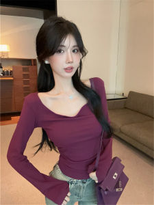 GUZILIAN | เสื้อยืดคอกลมแขนยาวทรงสลิมฟิตสีพื้นสไตล์เรียบง่าย เสื้อเชิ้ตชั้นในแบบสวมหัวสำหรับผู้หญิง แฟชั่นฤดูใบไม้ร่วง