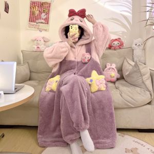 Japanese Style Cartoon Pajamas Womens Winter Young Adult Heart Kirby Robe Suit Thickened Fleece-lined Warm Loungewear