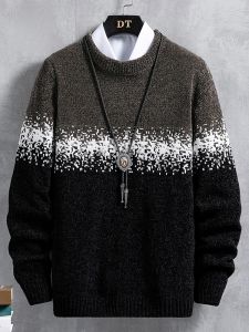 ROMON | Romon Mens Round Neck Knitwear Thickened Casual Loose Winter Fashion City Style Long Sleeve Overhead Sweater Warm Cozy New Arrival