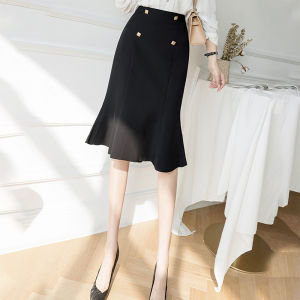 Black High Waist A-Line Mini Skirt Womens Summer New Style Commute Korean Version Pure Color Fish Tail Midi Skirt