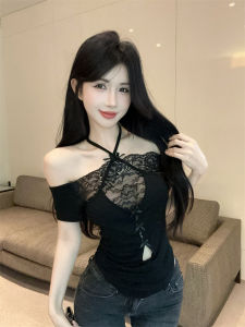 GUZILIAN | Pure Desire Spicy Girl One Shoulder Lace Patchwork Butterfly Knot Hollow Out Short Sleeve Slim Fit Womens T-shirt Summer Fashion