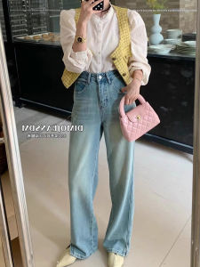 กางเกงยีนส์ทรงตรงเอวสูงผ้าเดนิมสำหรับผู้หญิงในฤดูใบไม้ผลิและฤดูใบไม้ร่วง กางเกงขายาวทรงหลวมทรงเข้ารูปสไตล์ย้อนยุค