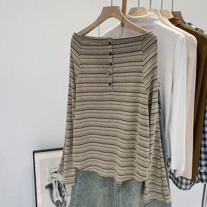 เสื้อยืดแขนยาวคอตั้งสไตล์เกาหลี ทรงหลวม สวมใส่สบาย เสื้อยืดผู้หญิง ลายทาง แฟชั่นฤดูใบไม้ร่วง 2025 ใหม่