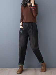 Thickened Fleece High Waist Harem Jeans Womens Spring Autumn New Style plus Size Trendy Dad Pants Casual Deep Blue Denim