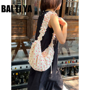 Bai Tiya Berries Ripple Flower Shadow Pleated Ruffle Polka Dot Dumpling Bag Canvas Crossbody Womens Bag Casual Simple Style