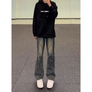 American Decomposed Jeans Mens Autumn 2025 New Wash Gradient Splicing Design Straight Leg Micro Flare Pants Youth Trendy