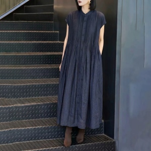 UYFY | Navy Round Neck Short Sleeve Dress Mid-Length Easy Fitting Elegant Simple