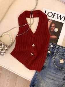 Áo Croptop Halter Dệt Kim Retro Gợi Cảm Màu Đỏ