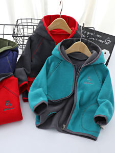 Boys Fleece Jacket Zipper Casual Hooded Polyester Fiber Coat for Spring Autumn Childrens Clothing Polyester Fabric Hat