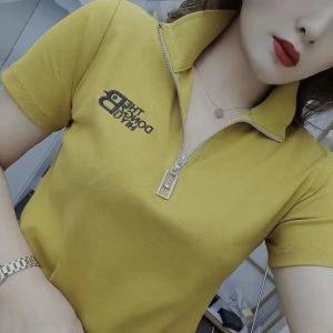 100KG Can Wear Korean Version Fashion White Short Sleeve Ladies Zipper Lapel T-shirts Letter Logo Print Showing Slim Women Polo shirt Foreign Flavour Stand Collar Shirts
