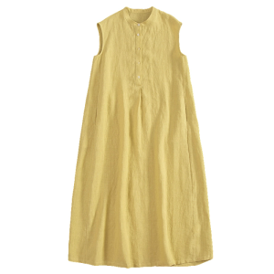 100% Pure Linen Summer Dress Washed Texture Stand Collar Casual Breathable Simple Yellow Vest Sleeveless Dress Womens Fashion