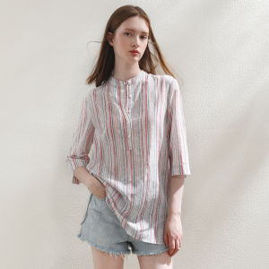Miccbeirn | Elegant Silk Cotton Printed Shirt Vintage Stand Collar Artistic Casual Drapey Personality Striped Design Commute Style Loose Fit