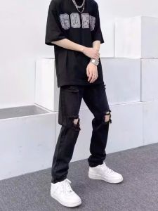 Fashion High Street Hole Denim Mens Summer K-style Loose Ins Fashion-Black Skinny Slim Looking Beggar Pants