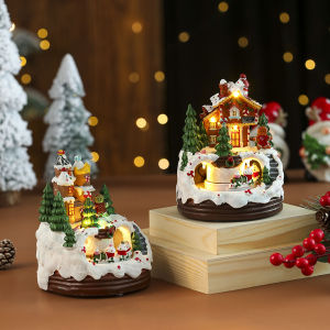 15CM 2025 Christmas Village Christmas Lights With Music Rotating Music Box decoration Biscuit Figurine Rotating Train Christmas Gift