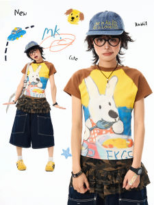 EINKLANG | Áo Thun Nữ Cắt Ngắn Dáng Ôm Họa Tiết Thỏ Sơn Dầu Phong Cách Retro Mỹ Mùa Hè