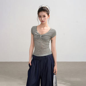 BAIDAIFEI | Áo Thun Nữ Dáng Ôm Ngắn Tay Voan V-Neck