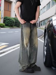 Retro Yellow Mud Distressed Jeans Mens Trendy Brand Cleanfit Loose Straight Long Pants Spring 2025 New Arrival Casual Denim