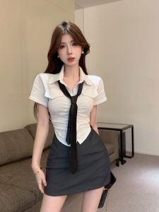 GUZILIAN | Korean Style Polo Neck Suit Set Short Sleeve Womens Fashionable Semi-Body Short Skirt And Blouse Two-Piece Summer Outfit