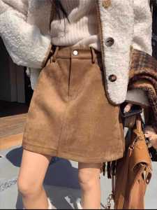 สูง เอว ผิวกวางสีน้ําตาลกํามะหยี่ครึ่ง กระโปรง ผู้หญิง พลัสไซส์ ทรงเอ เดรสรัดรูป กระโปรงสั้น พรางหุ่น กระเป๋าเดินทางสไตล์