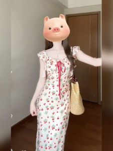 Váy Dài Không Tay Họa Tiết Hoa Kiểu Pháp Ôm Vừa Vặn Mùa Hè Cho Nữ Váy Midi Dài Đến Eo Cao Cổ Vuông Tay Ngắn