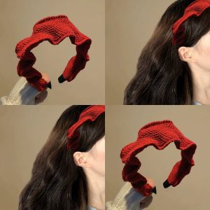Winter Knitted Wool Hairband High Hairline Red New Year Womens Fashion Accessory Wide Edge Hairband Headwear Stylish Hair Ornament