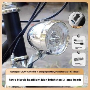 New 3LED Retro Bicycle Headlight Type-C Charging Vintage Classic Bikes HeadLamp 3 Light Modes Front Light Cycling AccessoriesAcc