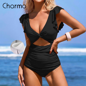 Charmo Ruffle One Piece Swimsuits for Women V Neck Ruched Monokini Bathing Suits