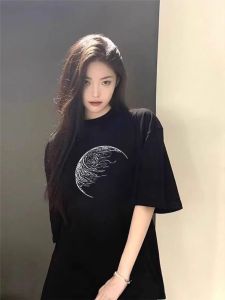 Summer Pure Cotton plus Size Womens T-Shirt Short Sleeve Loose Fit Shoulder Design American Style Couples Half Sleeve Top