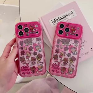 Sanrio | Ốp Điện Thoại iPhone 15/16/17 Pro Max Hello Kitty Hoạt Hình Màu Hồng Đỏ Toàn Màn Hình Chất Liệu Da Đen Chống Sốc Chống Xước Chống Bụi