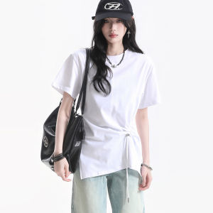 zuocisankon | Stylish Chic White Crinkled Waist-accentuated Short-sleeved Fitted T-Shirt