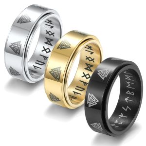 [A D]Fashion Stainless Steel Spinner Rings for Men Women Vintage Odin Norse Viking Amulet Rune Rings Rotatable Fidget Anxiety Jewelry