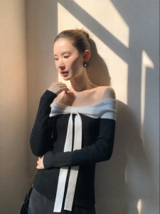 XXNING | Áo Thun Dài Tay Vintage Trễ Vai Ôm Sát