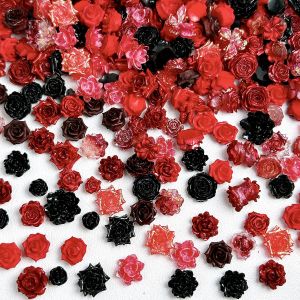 30PCS Classic Black Red Flowers Series Nail Charms Simulated Creative Butterfly Camellia Rose Peony Mixed Nail Art Supplies DIY