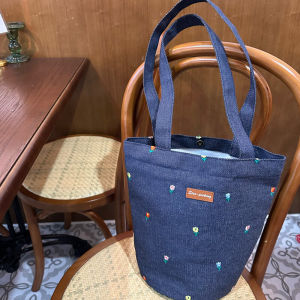 INS Retro Dark Blue Denim Embroidery Small Flower Easiest for Match Shoulder Bag Student Lunch Bag Bucket Bag Cute Women Bag
