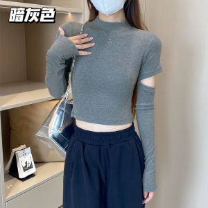 Áo Thun Dệt Kim Màu Đen Cổ Cao Cho Nữ Mùa Xuân Thu Áo Ngắn Tay Dài Ôm Vừa Vặn Thời Trang Công Sở Thường Ngày